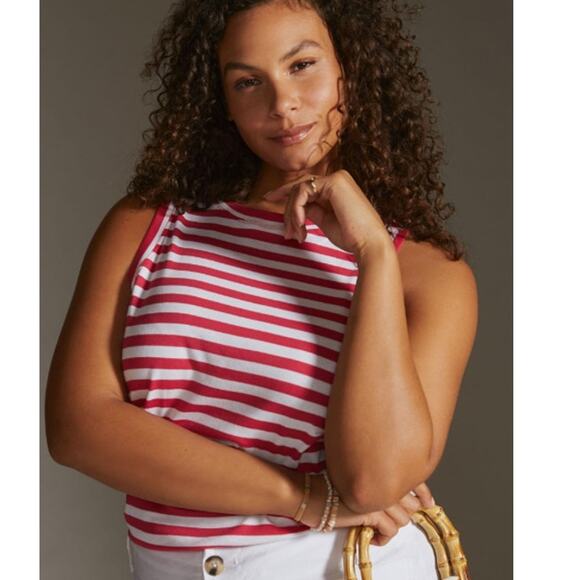 Maeve by Anthropologie SZ L Cropped Striped Tank Bright Red/White - Picture 1 of 9